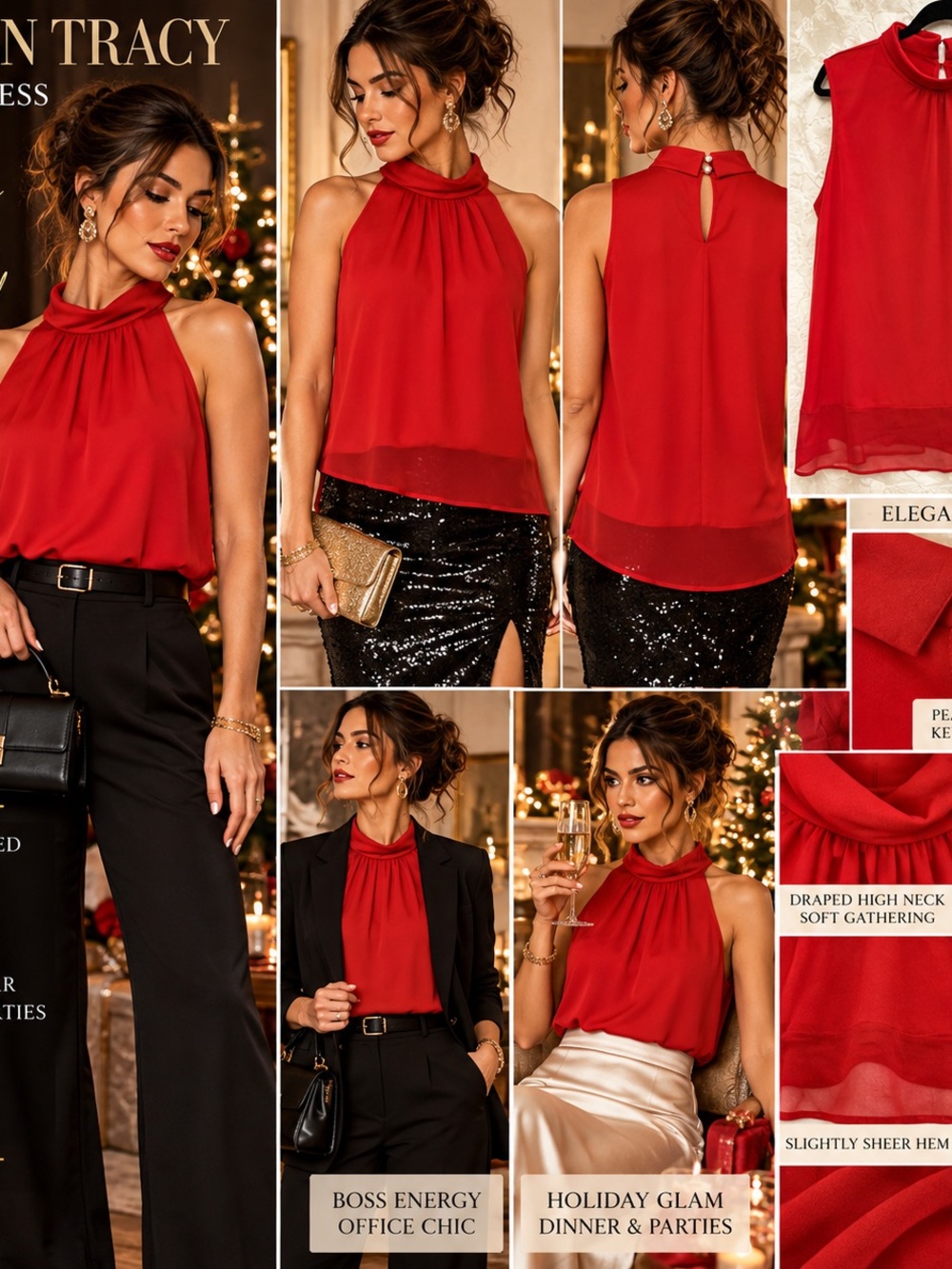 Ellen Tracy Red XL High Neck Sheer Hem Blouse Holiday Work Christmas EUC